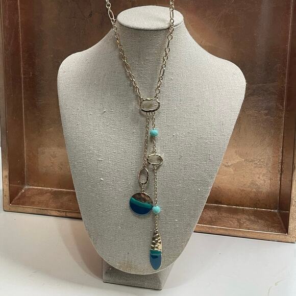 NWT Gold Long Chain Necklace, Turquoise & Teal Accents & Beads & Hammered Gold - Picture 6 of 7
